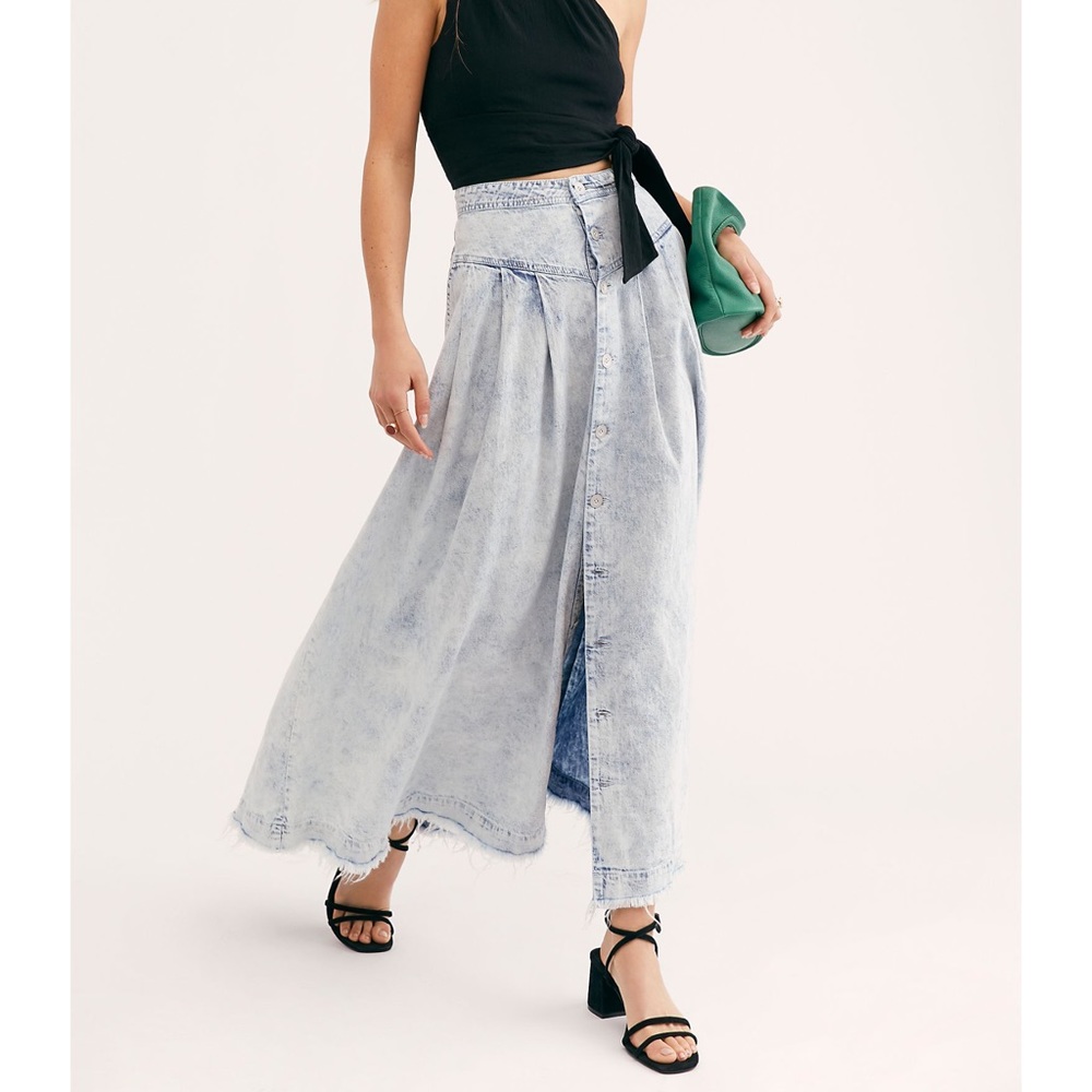 FREE PEOPLE Pleated Denim Maxi Skirt